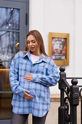 Жіноча сорочка для вагітних стилю oversize в клітинку для майбутніх мам Siena S - М (42 - 44) Lullababe блакитний