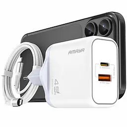 МЗП E580T PD45W+QC3.0 GaN (1USB-A/1C) + кабель Type-C to Type-C White Amaya teh0029580
