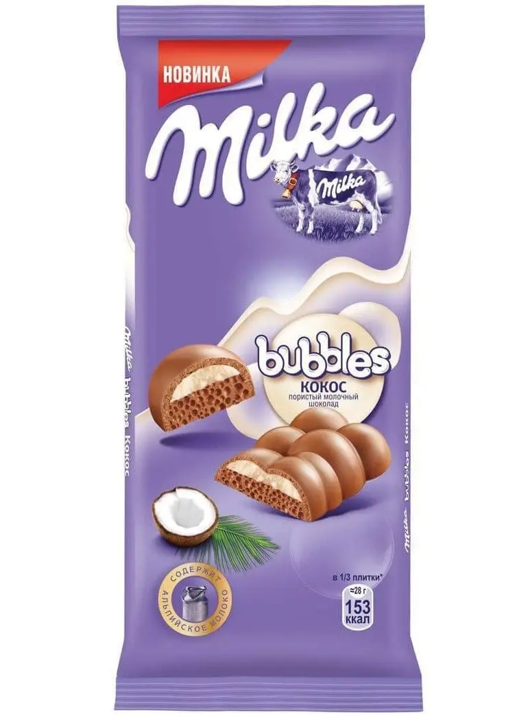 Шоколад молочный Milka Bubbles пористый с кокосом, 97 г