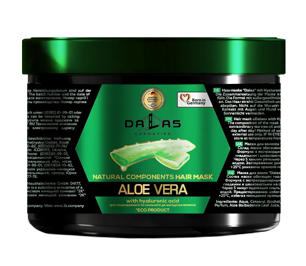 Маска для волос Dalas с гиалуроновой кислотой, натуральным соком алоэ и маслом чайного дерева, 500 мл