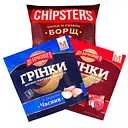 Набір: Грінки житньо-пшеничні До бочкового хвилясті зі смаком Часник 80 г + Чипси картопляні Chipster's Борщ 100 г + Грінки До Бочкового житньо-пшеничні Сало з хроном 80 г