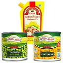 Набор: горошек зеленый Щедра нива Премиум консервированный 420 г + кукуруза сахарная консервированная Щедра нива Суперсладкая 340 г + майонез Королівський смак Королевский 67% 300 г