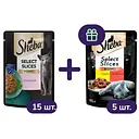 Набір вологого корму для котів Sheba: з лососем в соусі - 15 шт. + з куркою та яловичиною в соусі - 5 шт. 1.7 кг (20 шт. х 85 г)