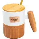 Чашка керамическая Happy Life Vintage с бамбуковой крышкой и ложкой оранжевая с белым 400 мл HP7204BR