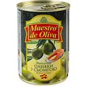Оливки Maestro de Oliva без кісточки сьомга 280 г жерстяна банка ключ
