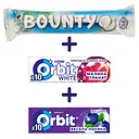 Набор: батончик Bounty в молочном шоколаде 57 г + жемчужная резинка Orbit White Малина-гранат 14 г + Резинка жевательная Orbit Веселая голубика драже 14 г