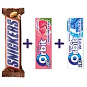 Набор: батончик Snickers с арахисом 50 г + жемчужная резинка Orbit Сочный арбуз 14 г + жевательная резинка Orbit Белоснежный Свежая мята 14 г