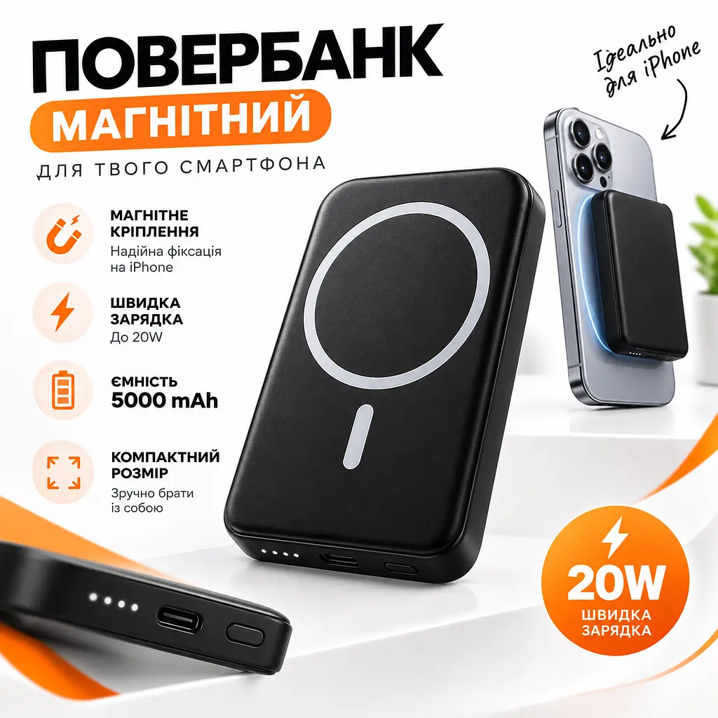 Магнітний повербанк 5000 мА·год MagSafe для iPhone та Android. Чорний - фото 5