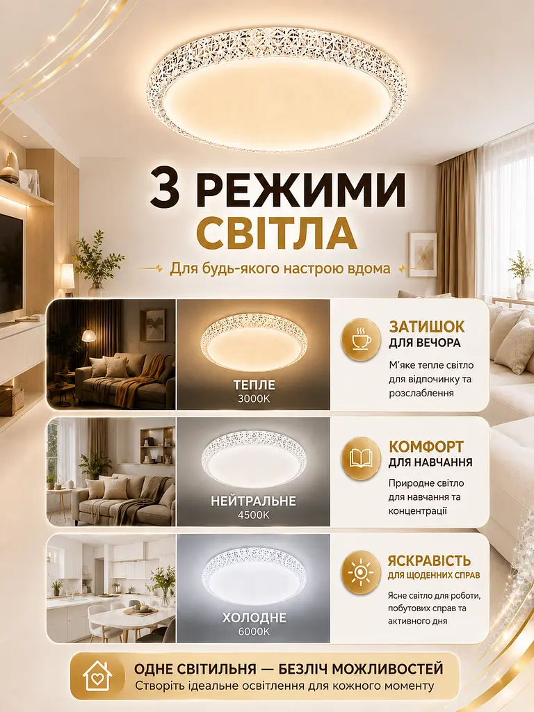 Стельова LED-люстра кругла біла 50 W 50 см з пультом, димером і нічником (49675914) - фото 4