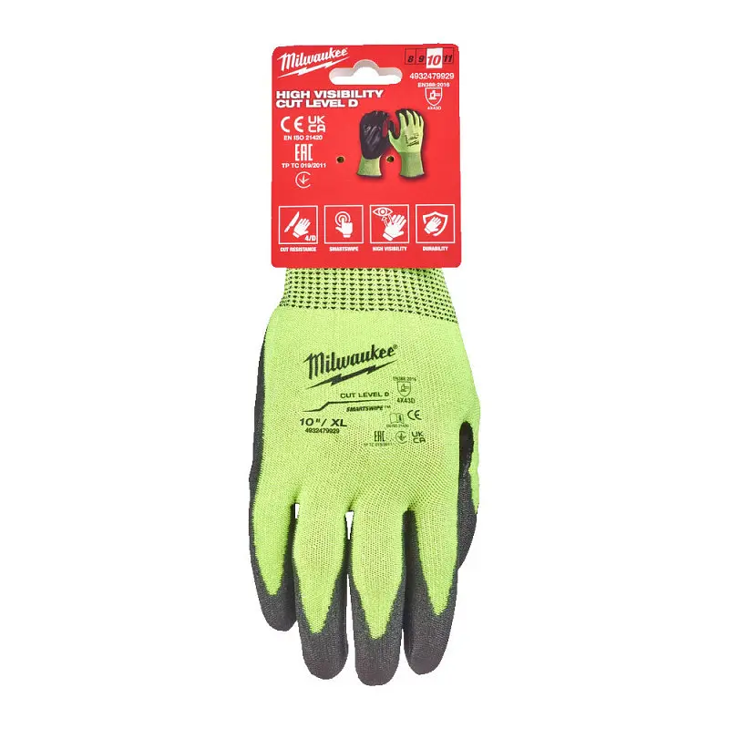 Рукавиці робочі сигнальні Hi-Vis Milwaukee з опором порізам 4/D рівня розмір 10/XL