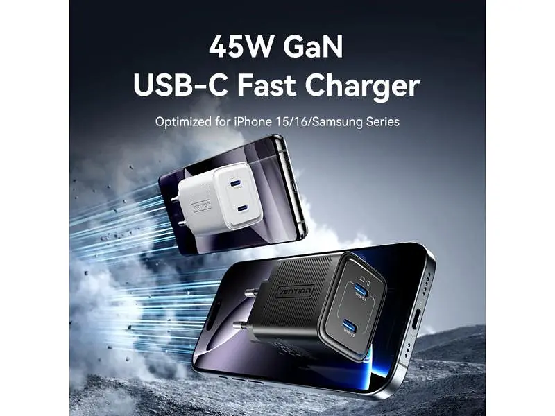 Мережевий зарядний пристрій Vention 45 W GaN V Fast Charger PD3.0 White (FEFW0-EU) - фото 4