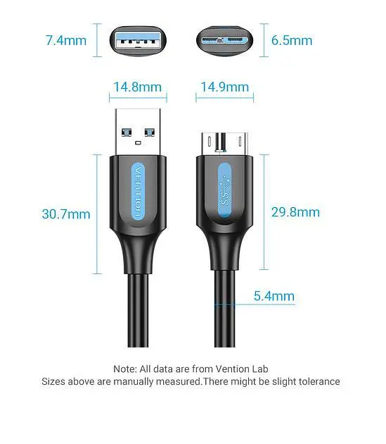Кабель Vention 0.25м USB 3.0 - Micro USB Type-B 5 Гбіт/с 5V/3A USB 3.0 A на Micro-B для Жорских Дисків Чорний (COPBC) - фото 9