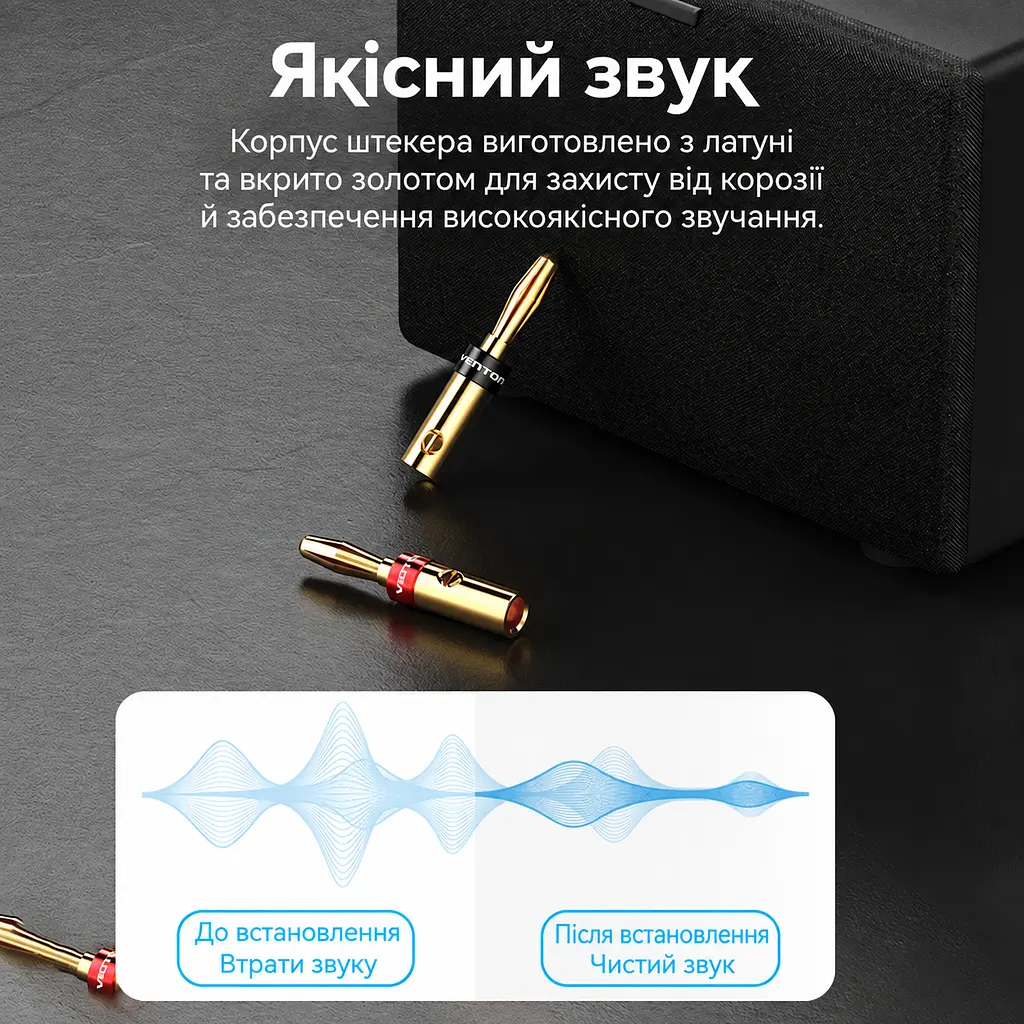 Акустичні штекери «банан» Vention 2 шт Banana plug із гвинтовим затискачем без паяння із позолотою із червоним і чорним маркуванням полярності 4 фіксуючі гвинти в комплекті золотисті (BFDJ0-2) - фото 12
