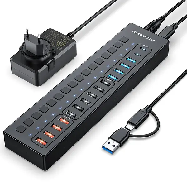 Розумний USB hub Acasis DS-516PB на 16 портів USB-C/USB 5 Гбіт/с розгалужувач з живленням від мережі (Чорний)