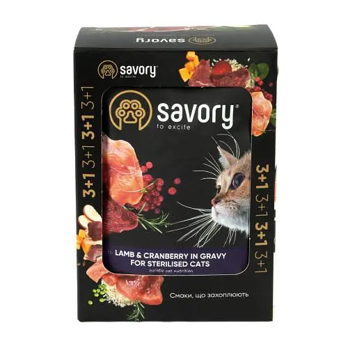 Набір вологих кормів Savory 3+1 для стерилізованих кішок, ягня з журавлиною в соусі, паучі, 4 шт. 85 г - фото 3