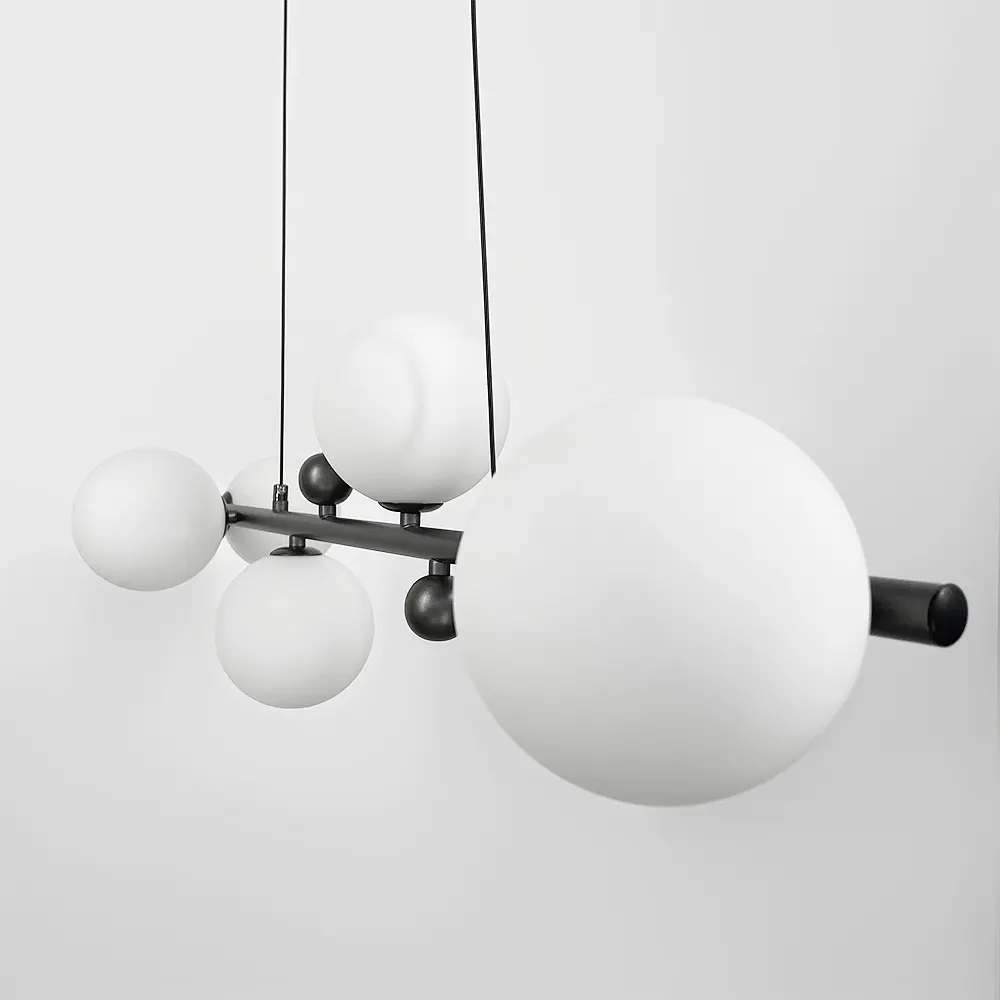 Удлиненная люстра с 6 белыми плафонами длиной 90 см | Line F | Ст. MJ295L/6L BK+WT - фото 2