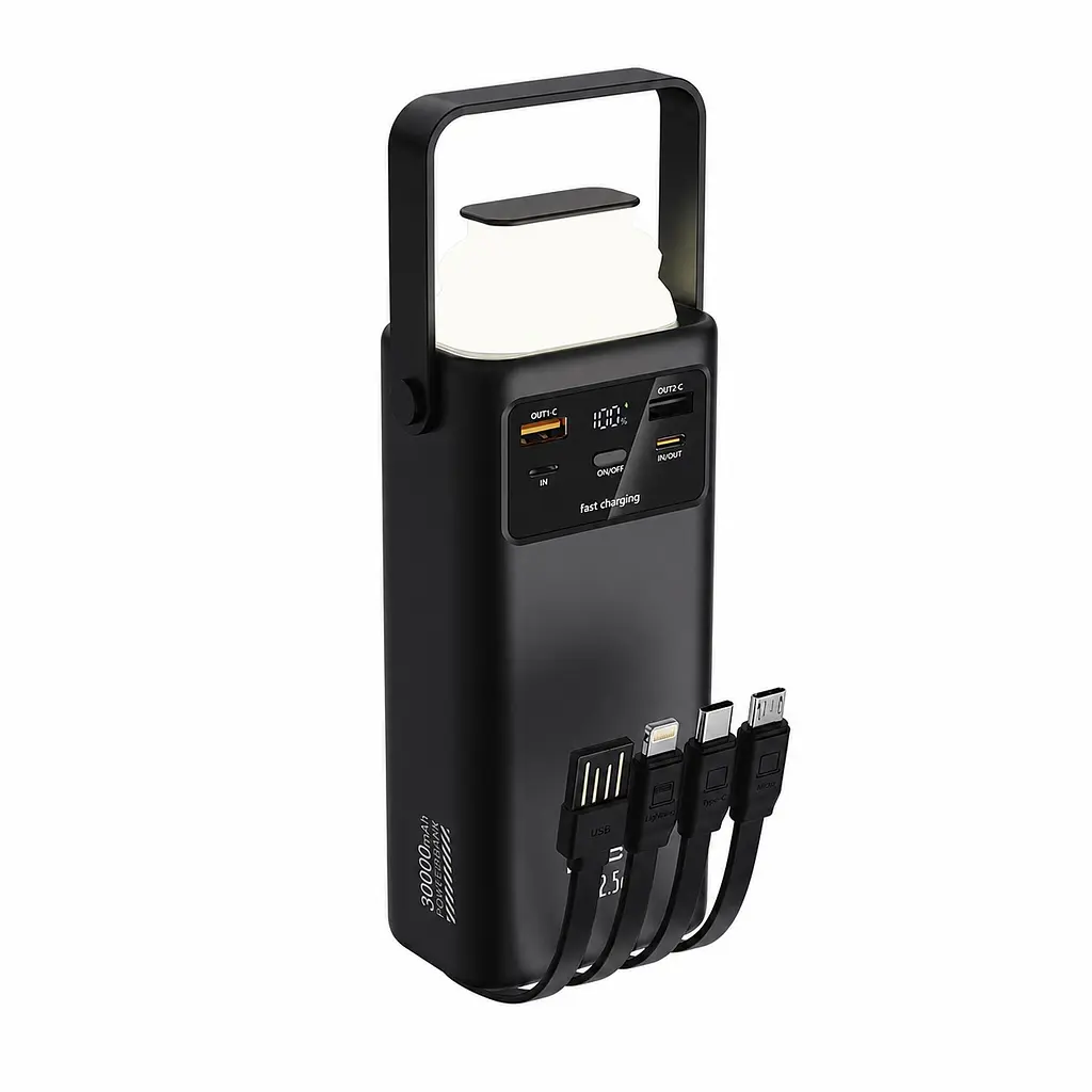 Павербанк ACL PW-112 Adventure 30000 мА·год 22.5W Power Bank зі швидкою зарядкою PD 20W/QC 3.0, вбудованими кабелями та LED-світильником Чорний (UFTPW-112)