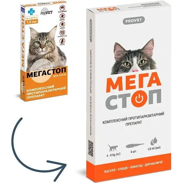 Капли на холку для кошек ProVET Мега Стоп от внешних и внутренних паразитов от 4 до 8 кг 4 пипетки по 1 мл (PR020074) - фото 2