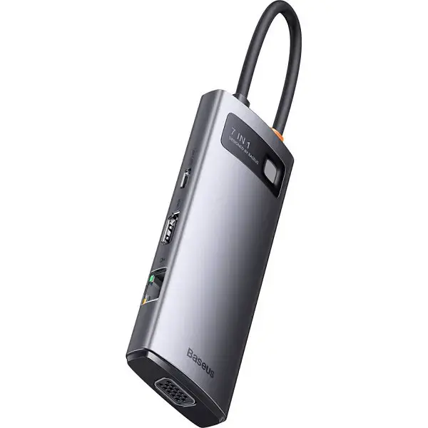 Хаб Baseus Metal Gleam Series 7-in-1 Type-CHUB Type-CtoHDXiaomi* 1+USB3.0*3+PD*1+VGA* 1+RJ45* 1 WKWG040013 Grey - фото 2