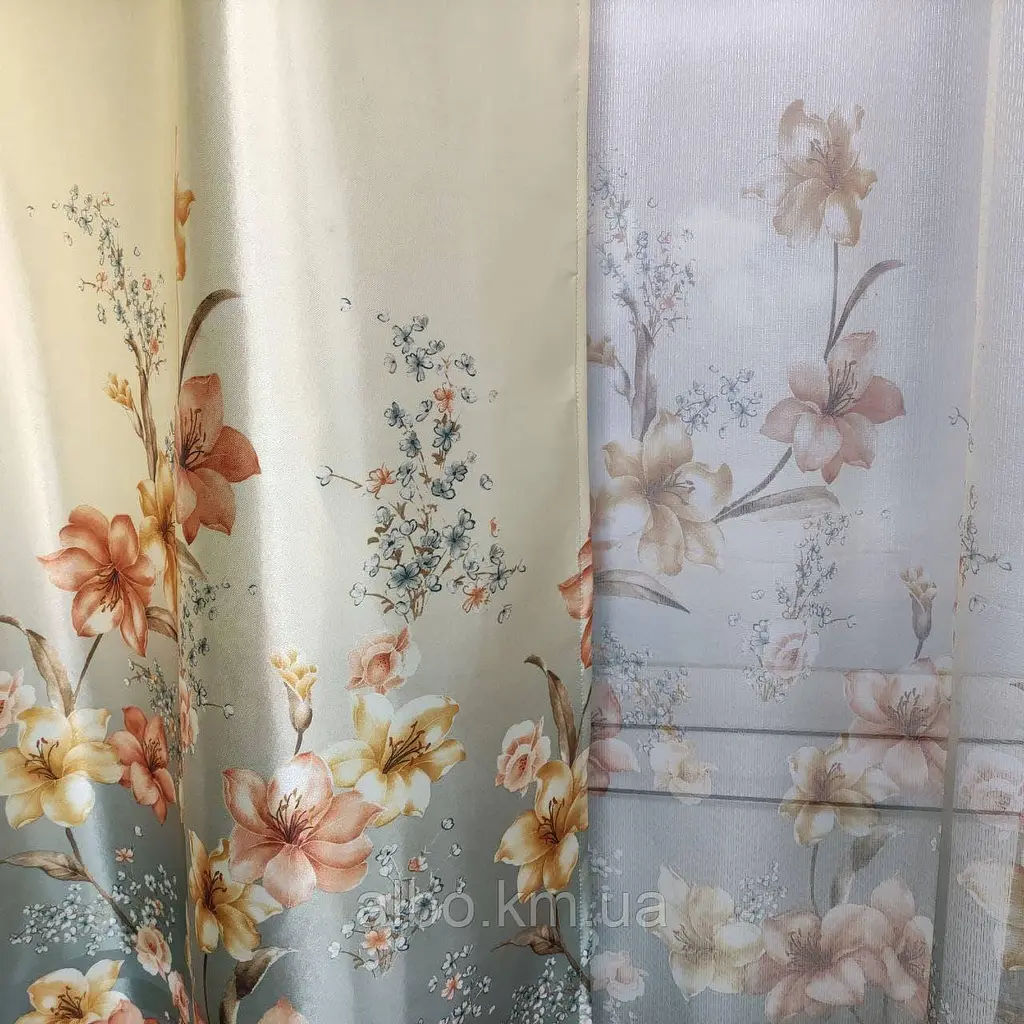 Атласні штори з квітами бірюзового кольору 150х270 з тюлистом батистовим 400х270 на тасьме ALBO pbe0052699 - фото 4
