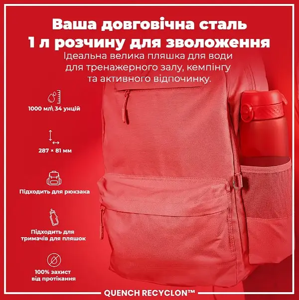 Бутылка для воды ION8 1000 мл (ЭКО бутылка) BPA Free Red (I8RF1000RED) - фото 5