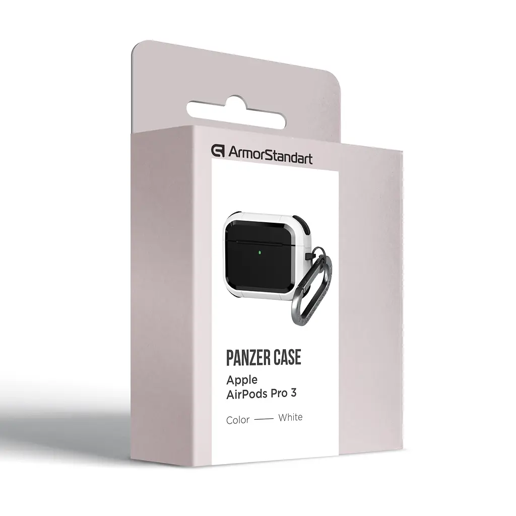 Чохол для навушників Apple AirPods Pro 3, білий, Panzer, протиударний захисний кейс з TPU та полікарбонату, посилені стінки, захист від подряпин, пилу та ударів, легкий та компактний, з карабіном для кріплення, ArmorStandart (ARM88290) - фото 2