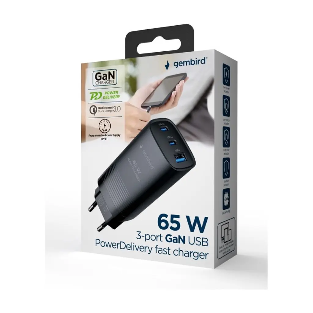 Зарядний пристрій Gembird USB-A + 2xType-C (PD18W + QC3.0 27W) black (TA-UC-PDQC65-01-BK) - фото 5