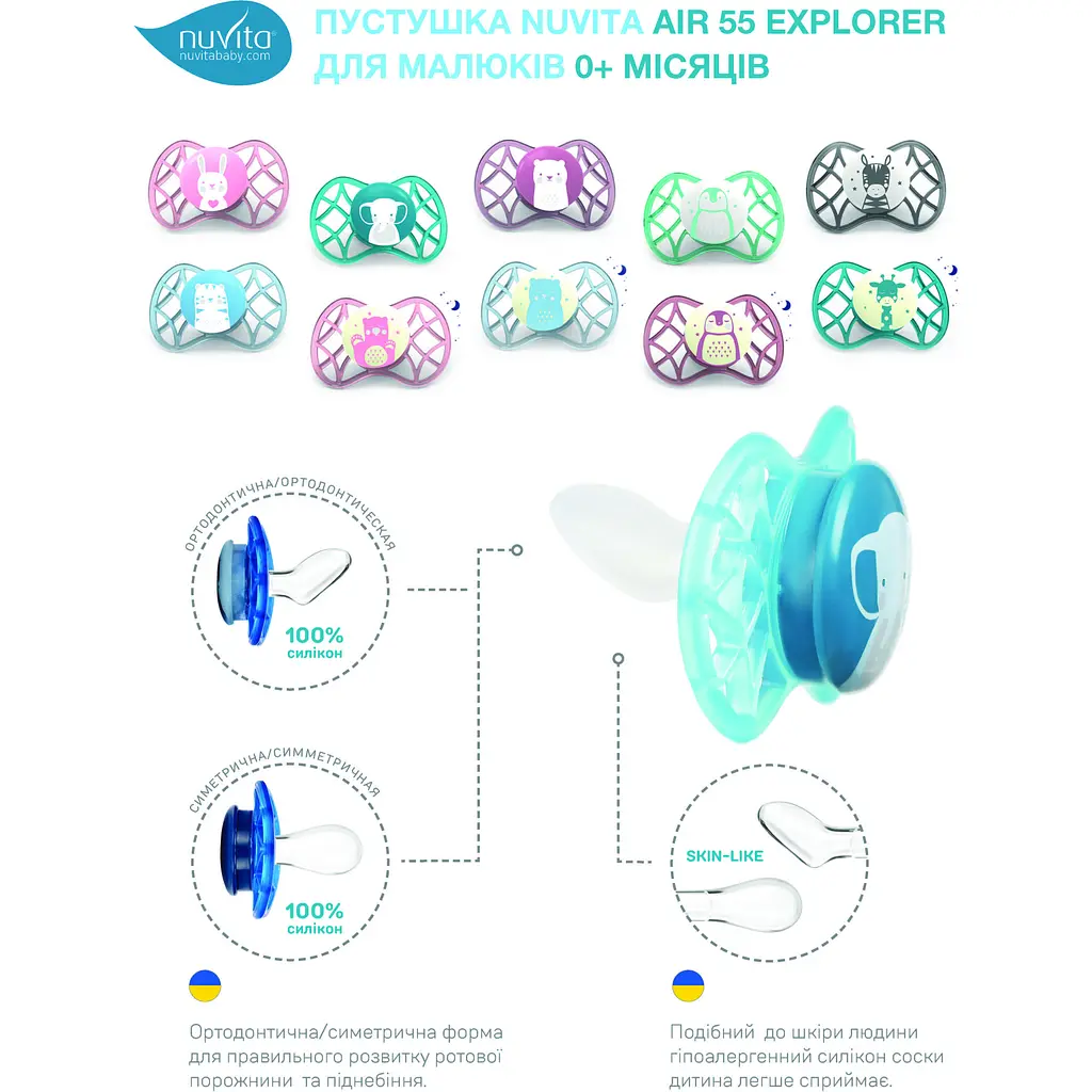 Силиконовая симметричная пустышка Nuvita Air55 Explorer Зебра и Пингвин, 0+ мес., 2 шт. (NV7067N) - фото 6