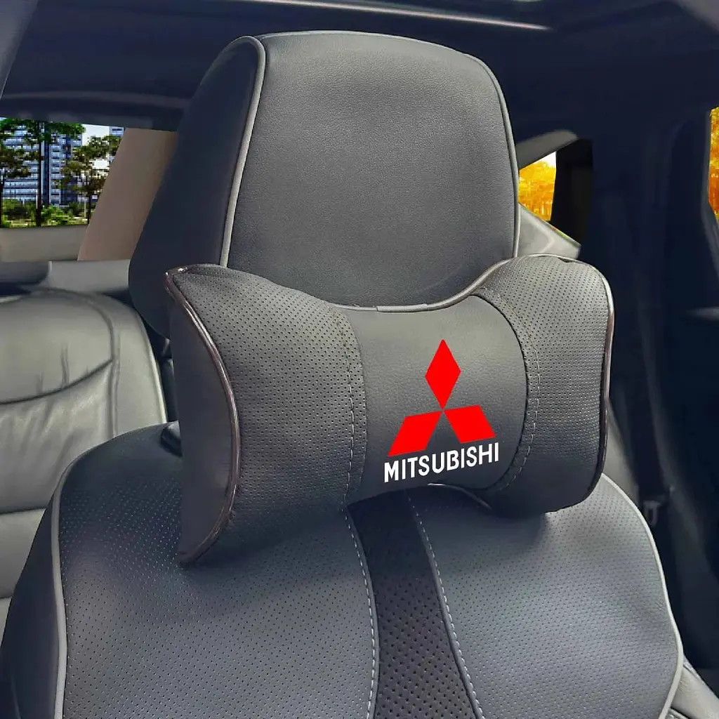 Подушка на підголівник з логотипом Mitsubishi Екошкіра 3D Кольоровий лого Чорна-Коричневий кант 1 шт
