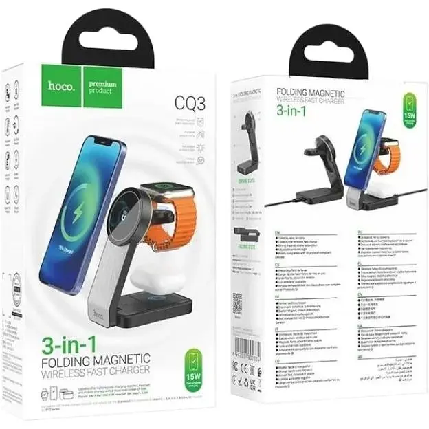 Безпровідна зарядка підставка Hoco CQ3 для iPhone iWatch/Airpods на 5-15W QI 3А чорна - фото 6