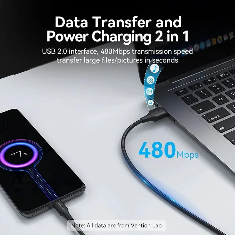 Кабель USB 2.0 AM-Type-CM, 3.0 м, 60W PVC чорний Vention - фото 6