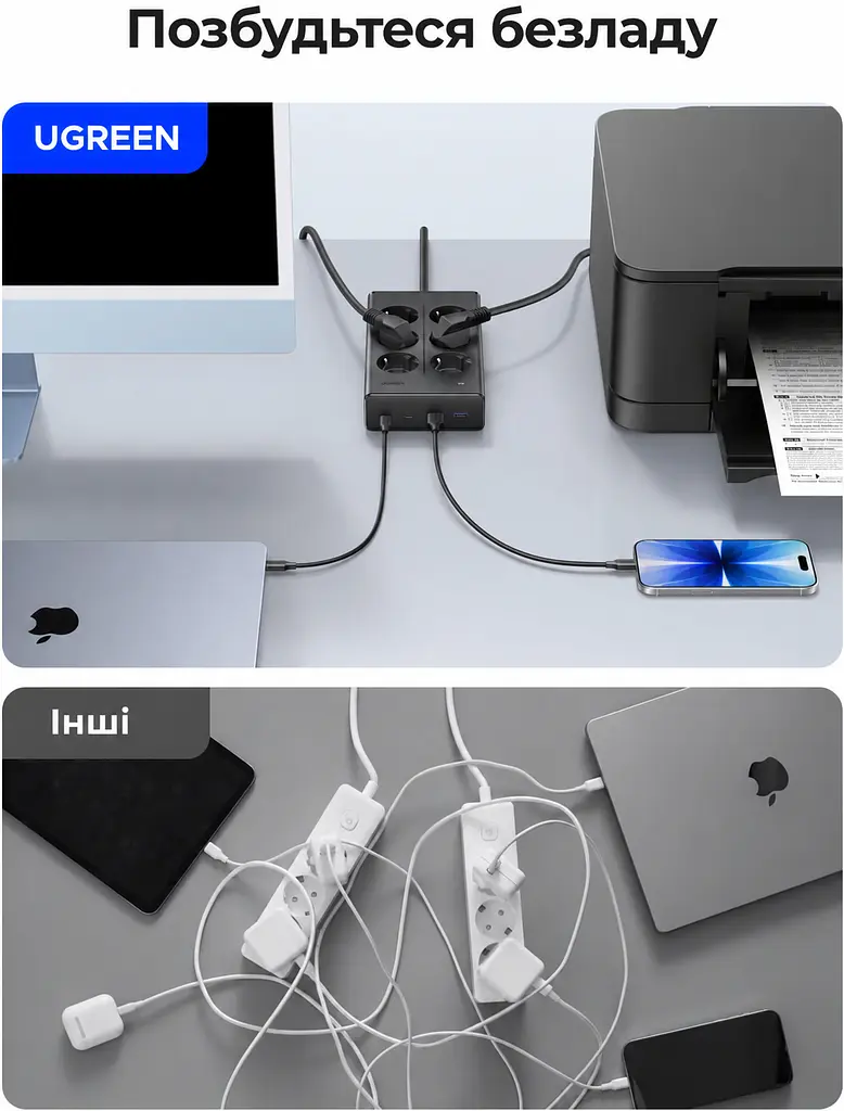 Мережевий фільтр із USB-заряджанням UGREEN S652 1,5 м подовжувач 6 розеток Schuko 2×USB-C + 2×USB-A навантаження розеток до 3680 Вт USB сумарно до 65 Вт USB-C1 PD 3.0 PPS до 65 Вт при окремому використанні із загальним вимикачем із захисними шторками розеток з можливістю настінного кріплення розетки під кутом 45° темно-сірий (55286) - фото 11