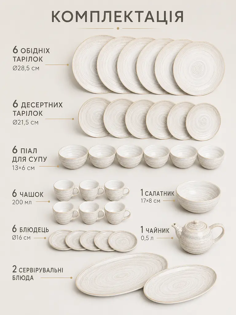 Столовий сервіз керамічний на 6 персон 34 предмети, тарілки 28,5/21,5 см, чашки 200 мл (49676220) - фото 8