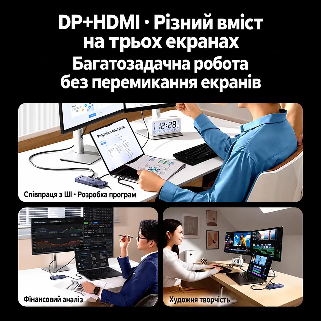 Док-станція USB-C UGREEN Revodok CM880 7 в 1 HDMI до 4K 60 Гц DisplayPort сірий (55610) - фото 8