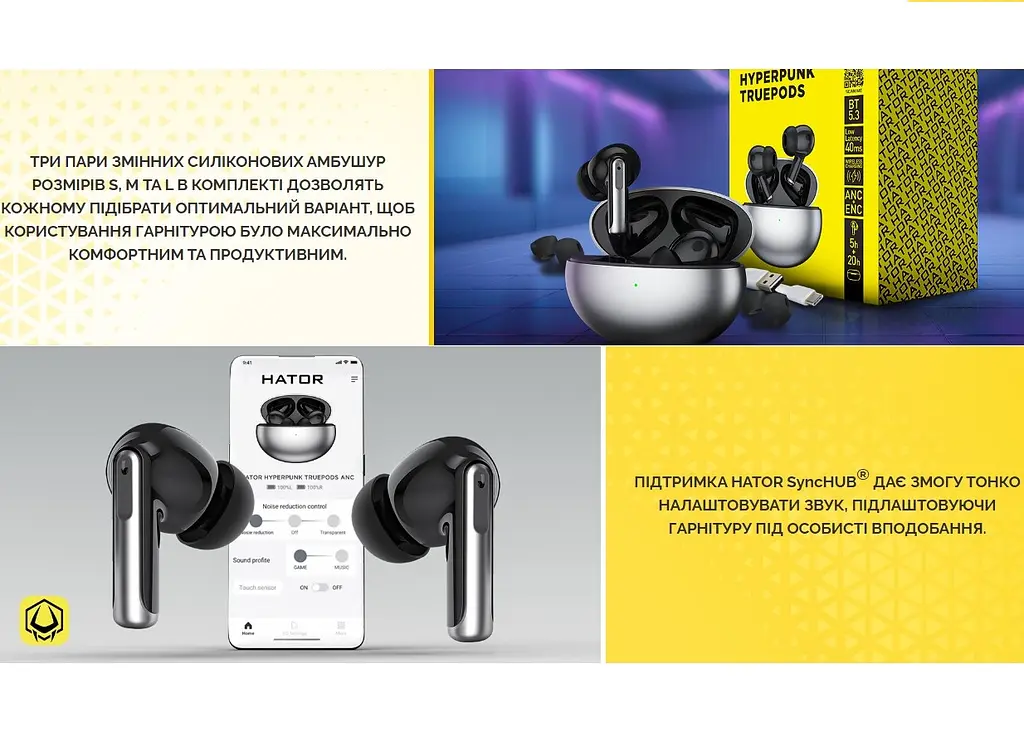 Бездротові Bluetooth 5.3 навушники з мікрофоном HATOR HTA430B TWS Hyrrpunk Truepods SyncHUB Black-Gray - фото 7