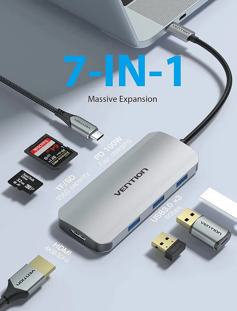 Usb-хаб Vention Usb-C to HDMI / Usb 3.0x3 / SD / TF / PD Docking Серый 0.15M Aluminum Alloy Type - фото 3