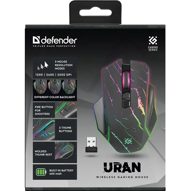 Мишка Defender Uran GM-503, бездротова, ігрова, 3200 dpi., 8кн., 400mAh, LED, чорна - фото 6