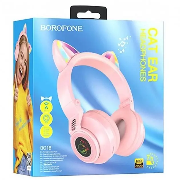 Беспроводные накладные наушники Borofone BO18 Cat ear розовые - фото 3