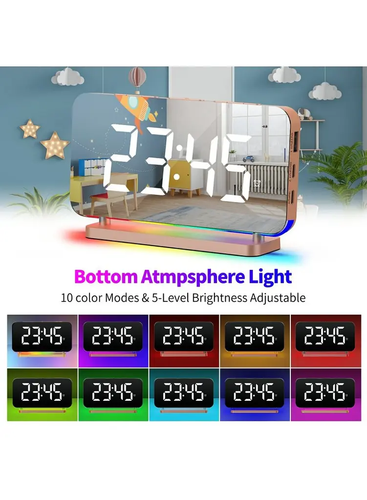 Цифровий будильник Барвисте нічне світло Дзеркальна поверхня RGB LED Електронний будильник EN8853A-RGB - Рожеве золото - фото 6