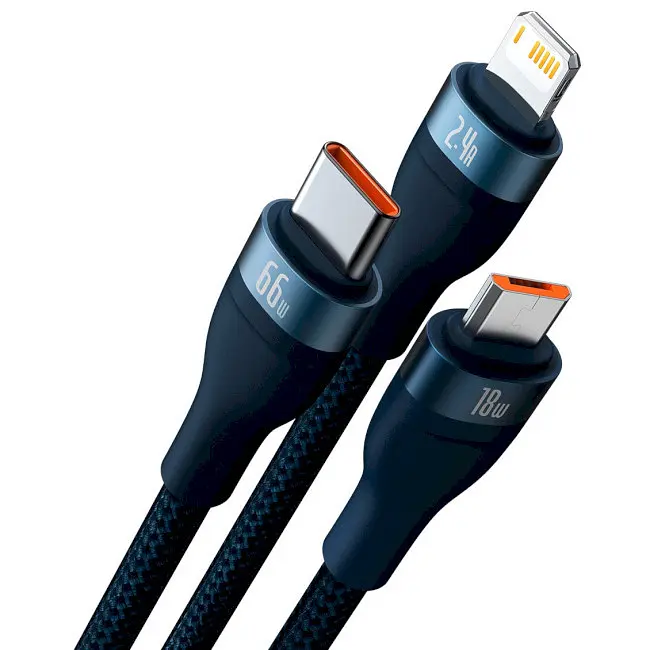 Кабель Baseus Flash Series Ⅱ 3-in-1 Cable USB to MicroUSB+Lightning+Type-C 66W 1.2m CASS040003 Blue - фото 2