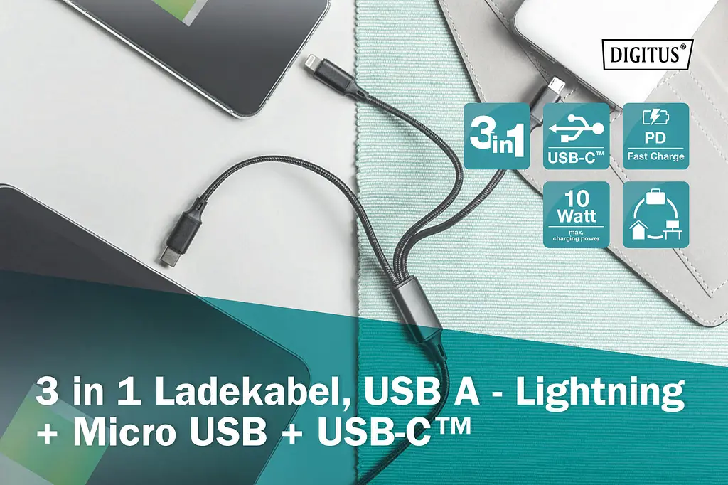 Кабель Digitus USB-A > Lightning/USB-С/micro USB, мультизарядный 3-в-1, зарядка/синхронизация 1м, teh0013696 - фото 10
