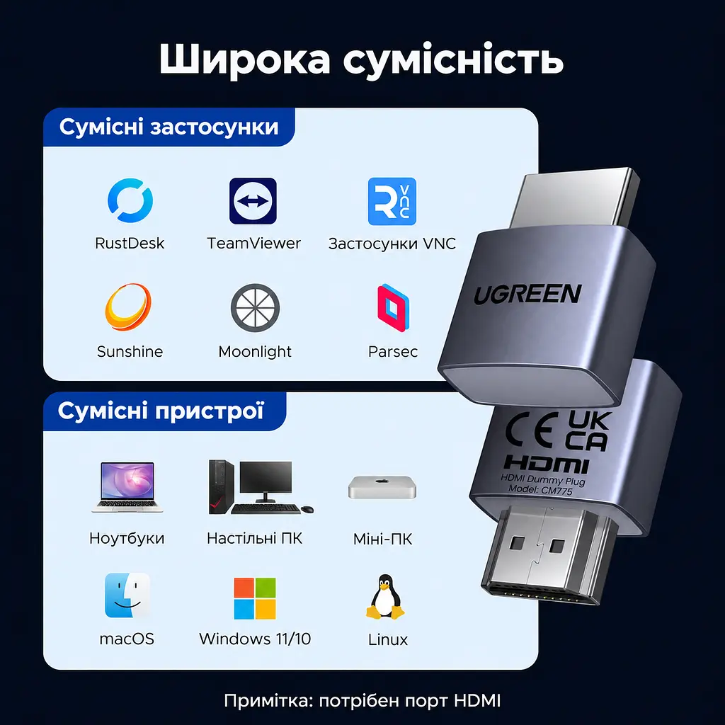 Емулятор монітора UGREEN CM775 комплект 4 шт. заглушка Dummy Plug штекер HDMI для відеовиходу комп’ютера до 4K 60 Гц (3840 × 2160) 4:2:0 для 4K 60 Гц потрібен вихід HDMI 2.0 для віддаленого керування ПК без екрана для стримінгу ігор сумісний із Windows 11/10 macOS та Linux без встановлення драйверів без зовнішнього живлення з гарячим підключенням з індикатором роботи алюмінієвий корпус для відведення тепла космічний сірий (95994) - фото 5