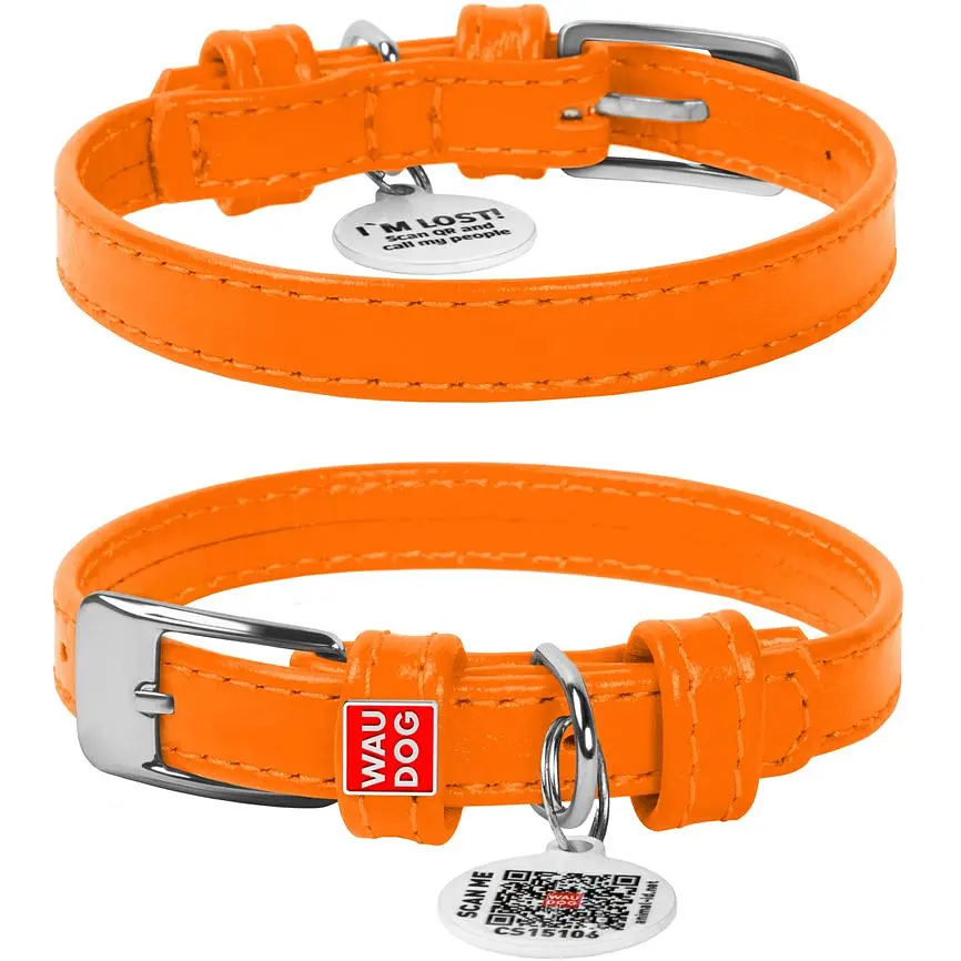 Ошейник для собак Waudog Glamour, кожаный, с QR паспортом, 21-29х1,2 см, оранжевый - фото 2