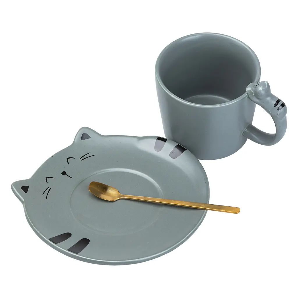 Чашка керамическая Happy Life Котики с блюдцем и ложкой серая 250 мл HP7202G - фото 2