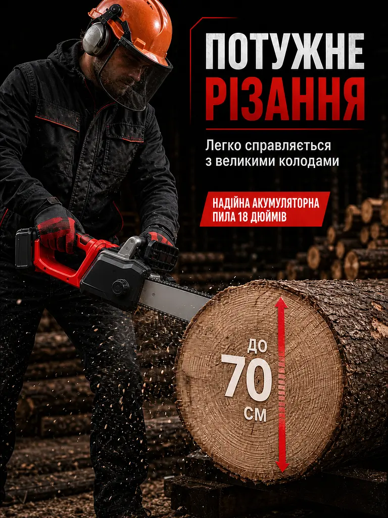 Акумуляторна ланцюгова пила 18" з автоподачею оливи, 2 АКБ і 2 зарядками, червона (49675889) - фото 7