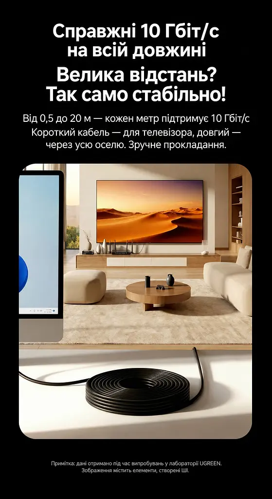 Мережевий кабель Ethernet UGREEN NW122 1 м патч-корд RJ45 штекер на RJ45 штекер Cat 6A до 10 Гбіт/с неекранований U/UTP діаметр кабелю 2,8 мм жили з чистої міді 500 МГц чорний (70332) - фото 14