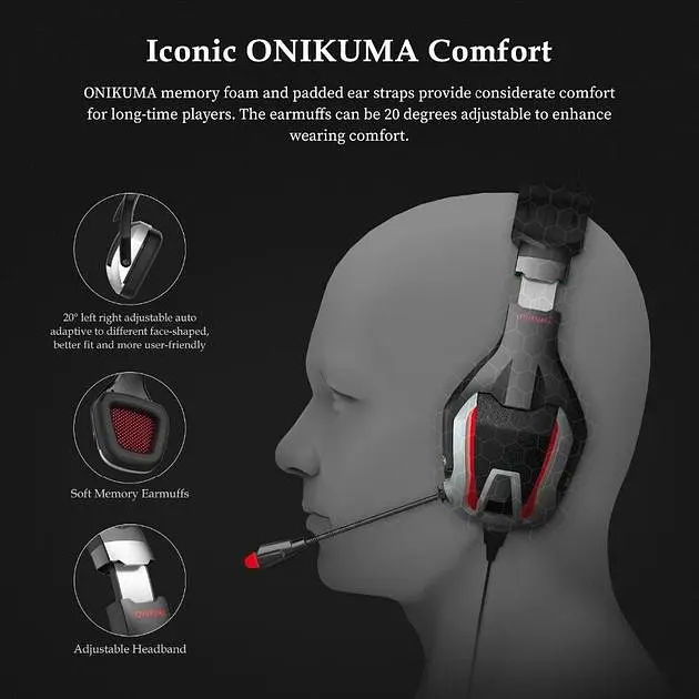 Дротова ігрова гарнітура Onikuma Gaming with LED K12, USB, 3.5mm, 2.2m, black-red - фото 7