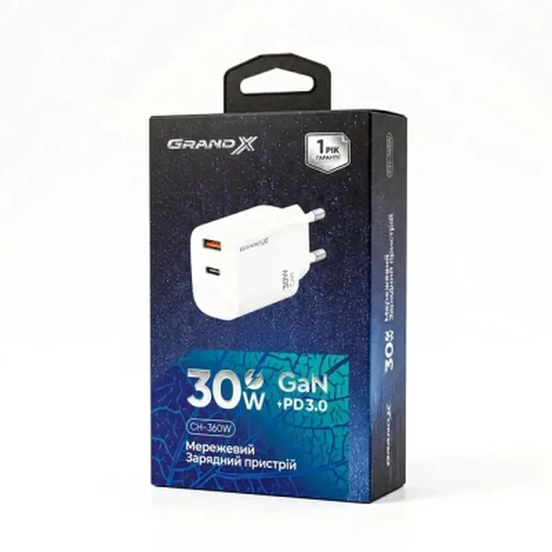 Зарядний пристрій Grand-X GaN 1xUSB-C + 1xUSB QC3.0 36W white (CH-360W) - фото 5