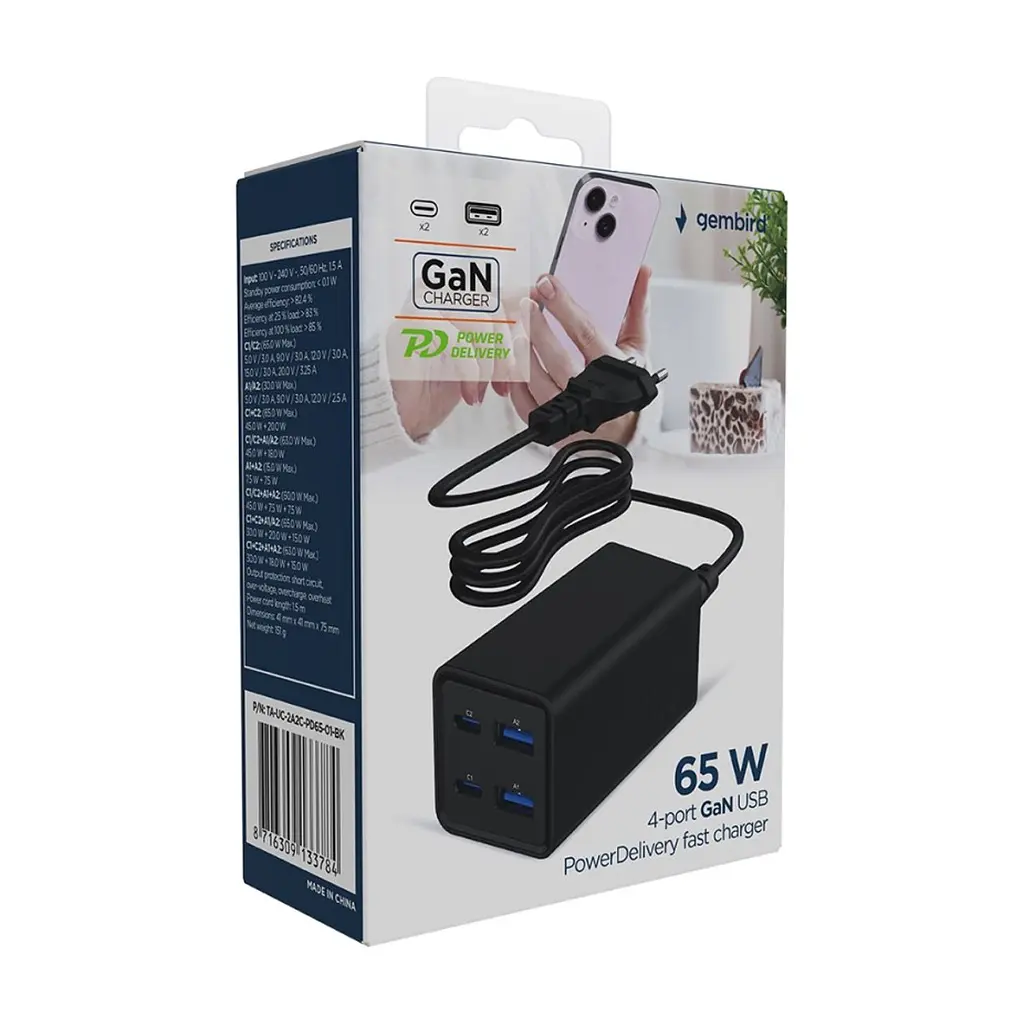 Зарядний пристрій Gembird 2xUSB-C PD65W + 2xUSB QC3.0 30W black (TA-UC-2A2C-PD65-01-BK) - фото 6