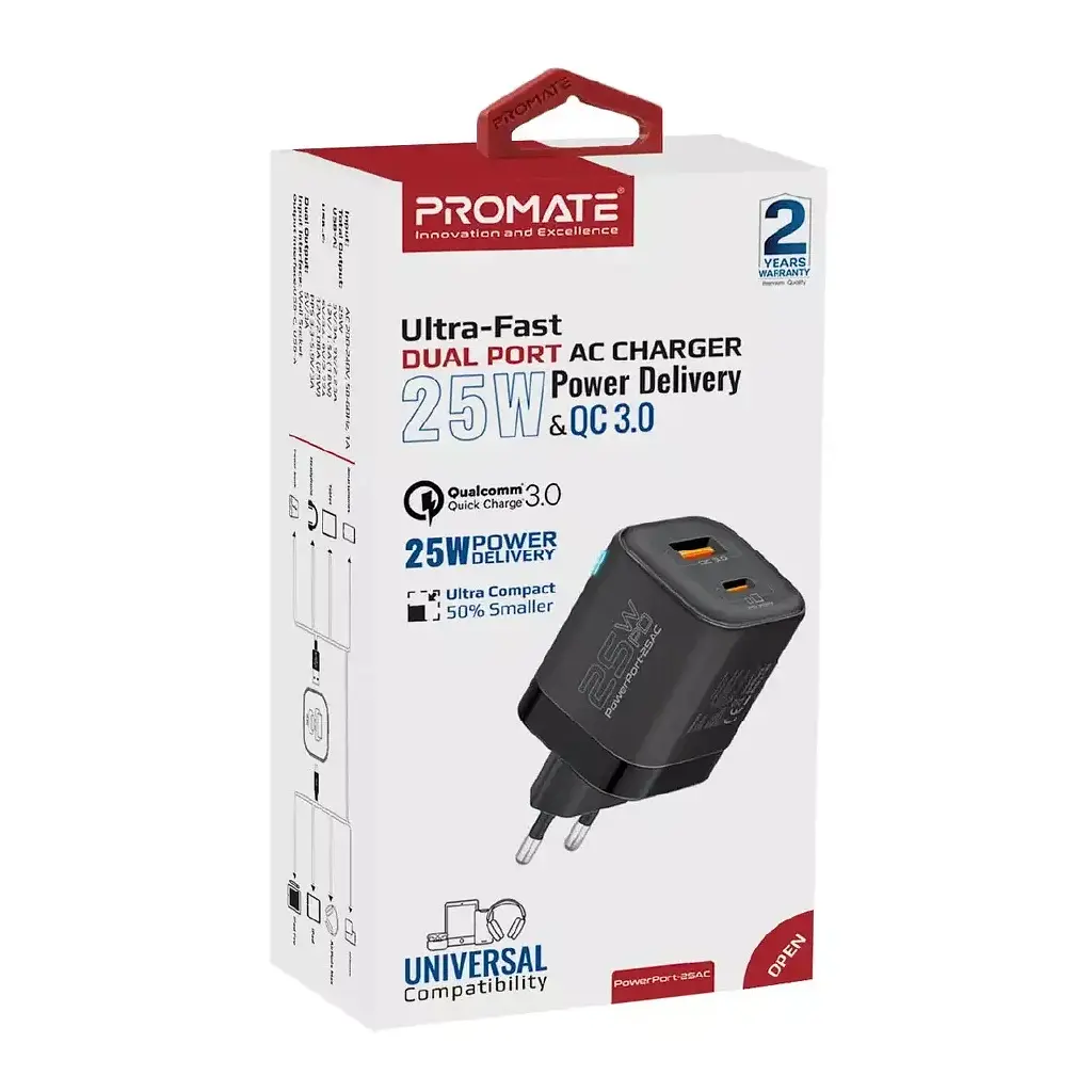Зарядний пристрій Promate USB-C + USB-A (powerport-25ac.black) - фото 3